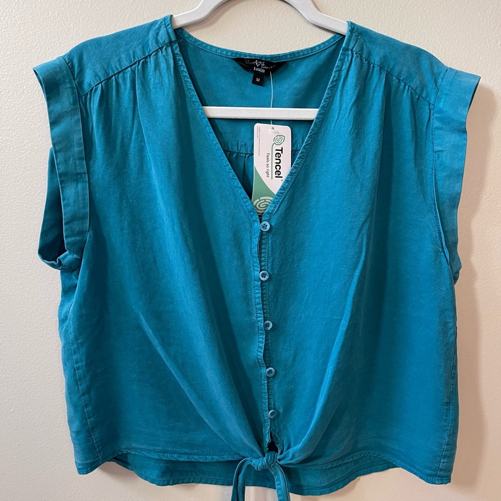 Teal Blue V-Neck Button Down Tie Front Shirt Sz M